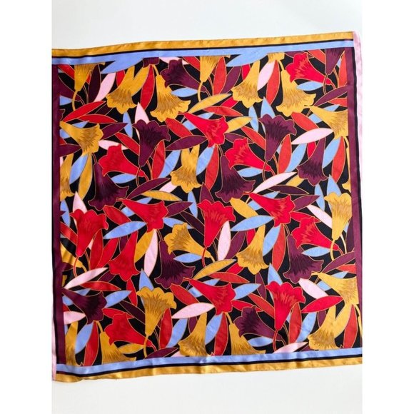 ANN TAYLOR Red Purple Yellow Blue Lily Floral Print Silk 25" x 25" Square Scarf - Picture 7 of 13